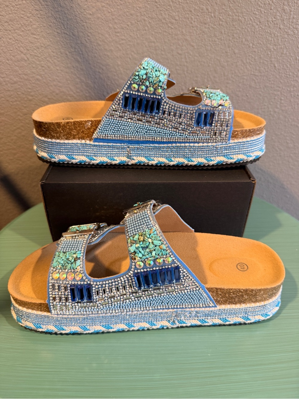 Boutique Sz 9.5 Bedazzled Beaded Blue Platform Slide Sandals Buckle Straps | EUC - Picture 5 of 11